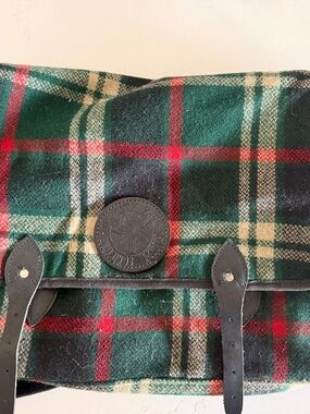 Plaid Green & Red Messenger Bag with Leather Trim